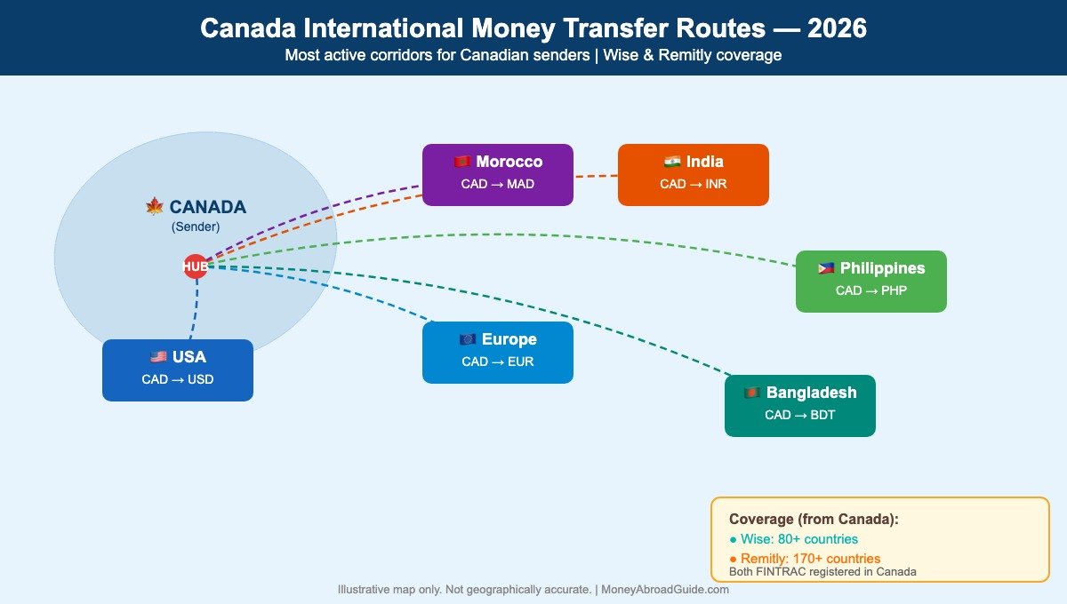 Canada international money transfer routes map 2026 β most active corridors from major Canadian cities to Morocco, India, Philippines, USA, and Europe