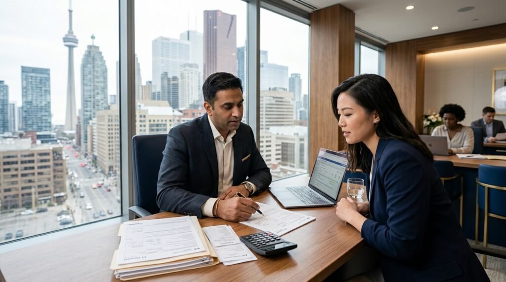Business professionals discussing financial plans in a high-rise office.