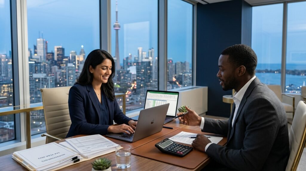 Business professionals discussing financial plans in a high-rise office.