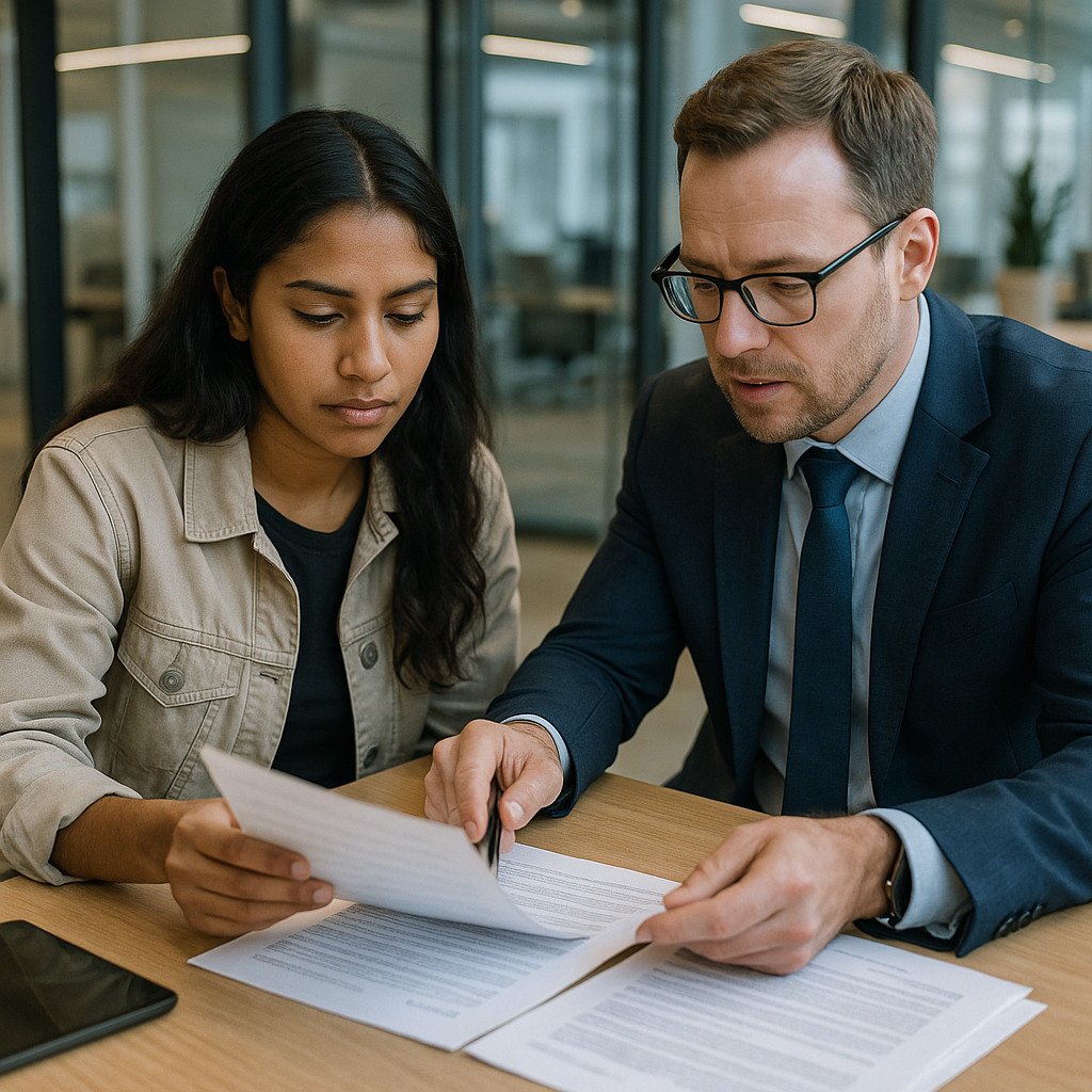 Immigrant couple reviewing apartment documents with real estate agent USA Canada 2026