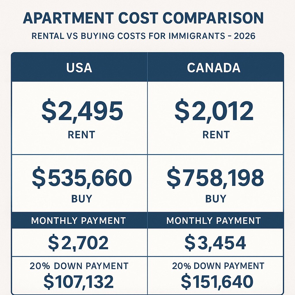 Apartment rental vs buying cost comparison for immigrants USA Canada 2026