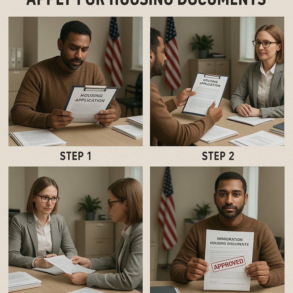Immigrant applying for housing documents at government office USA Canada 2026