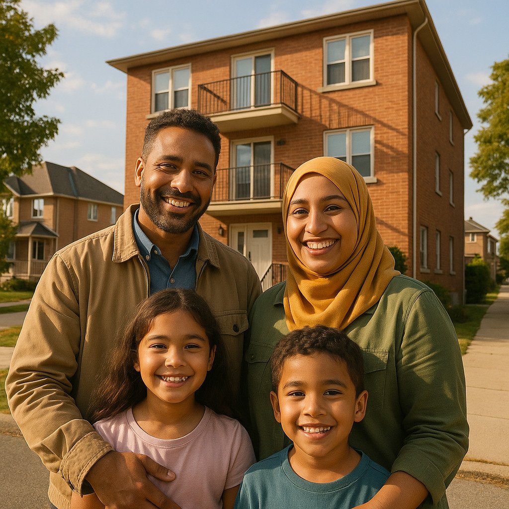 Immigrant couple reviewing apartment rental agreement with real estate agent in the USA 2026