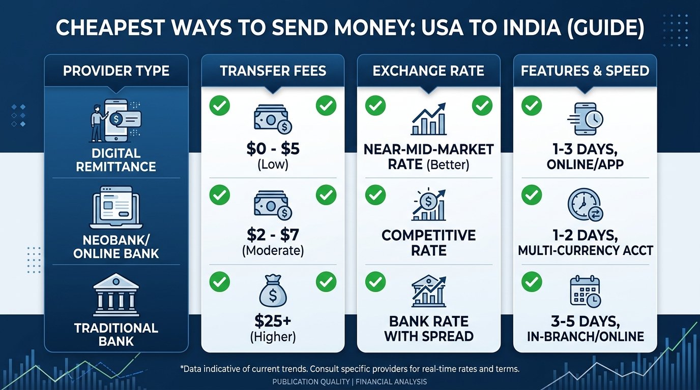 Comparison chart of the cheapest ways to send money from the USA to India