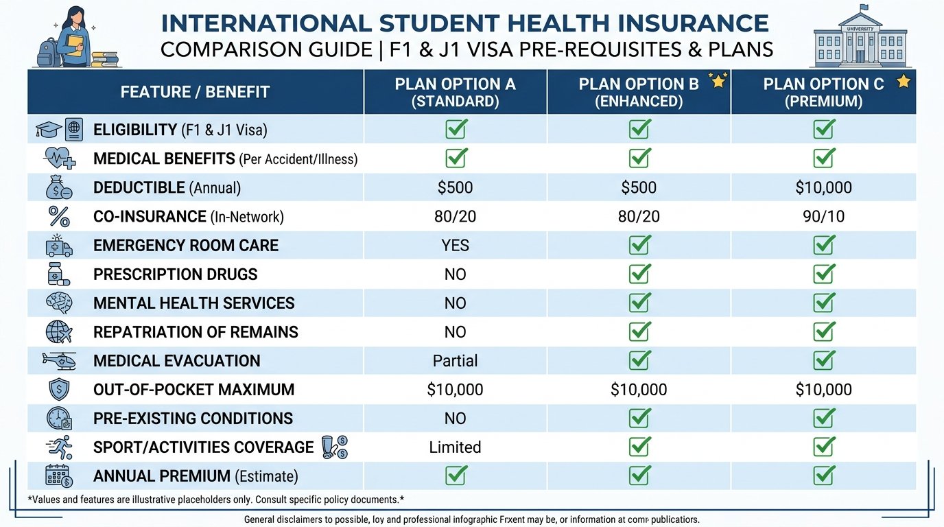 Comparison chart of health insurance plan options for F-1 and J-1 international students