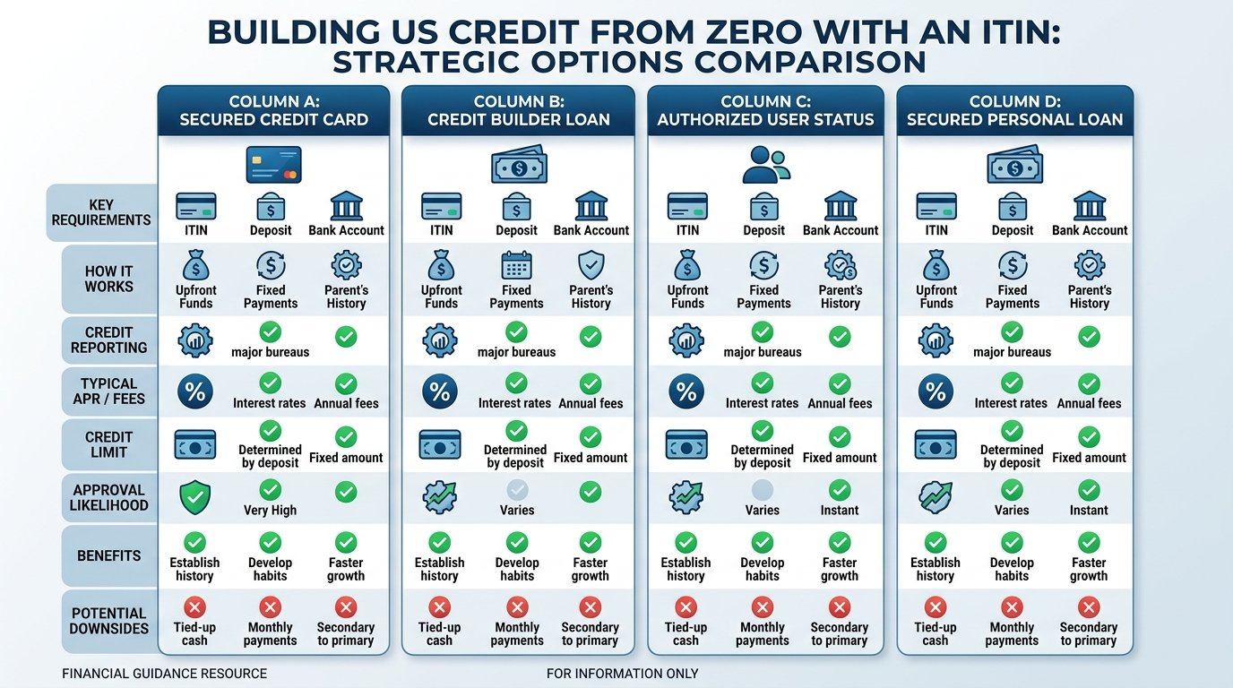 Building US credit from zero with an ITIN -- comparison chart for newcomers