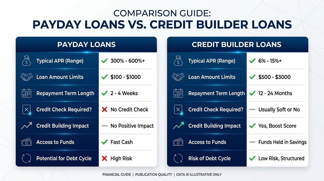 Payday loans vs credit builder loans -- comparison chart for newcomers