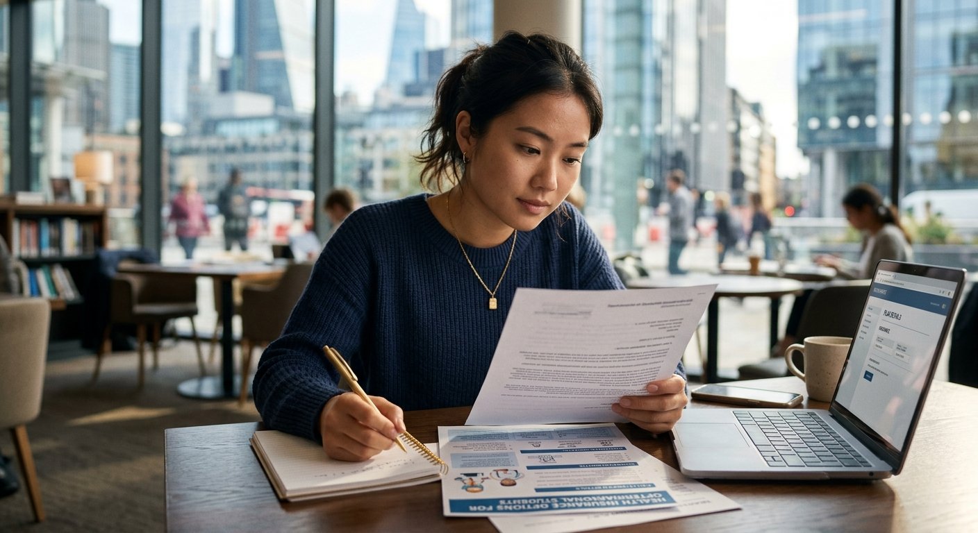 International student reviewing health insurance plan documents