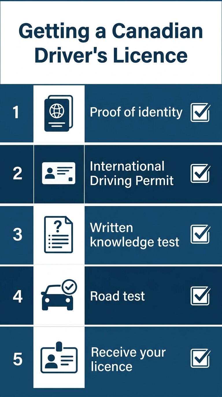 Step-by-step checklist for a newcomer to get a Canadian driver's licence: ID, IDP, written test, road test, licence card