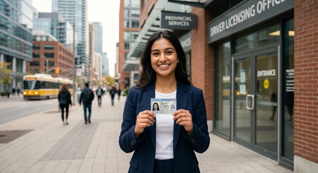 Newcomer to Canada holding a Canadian provincial driver's license card outside a licensing office