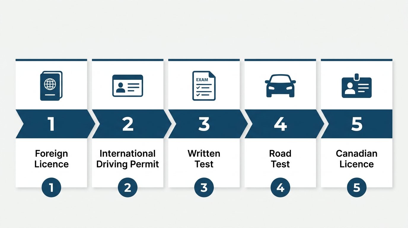 Process flow for a newcomer converting a foreign driver's licence to a Canadian one: IDP, written test, road test, licence