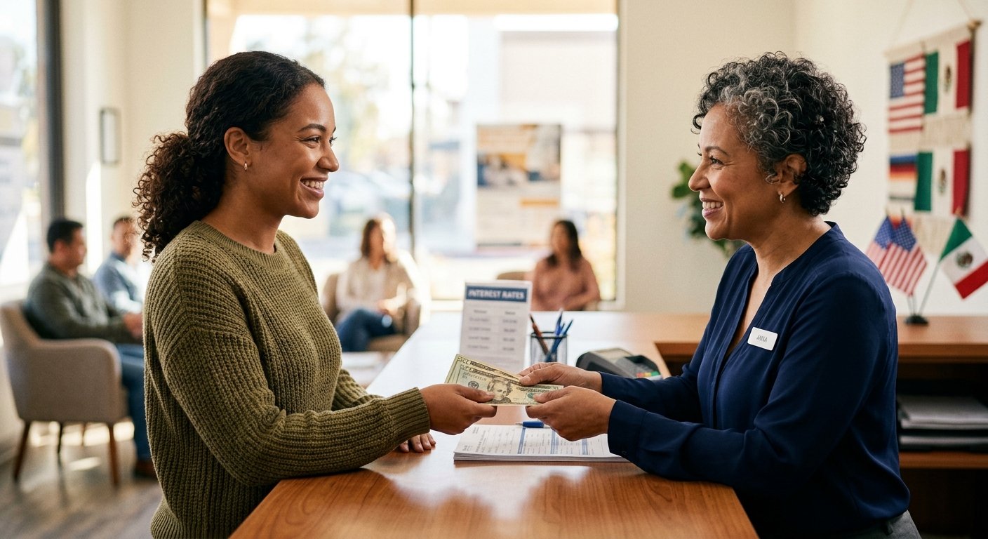 Sending money from the USA to Mexico at a money transfer service counter